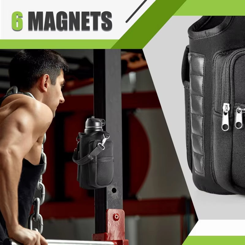 Magnetic Water Bottle Carrier Bag – Gym Holder with Phone Pocket & Shoulder Strap