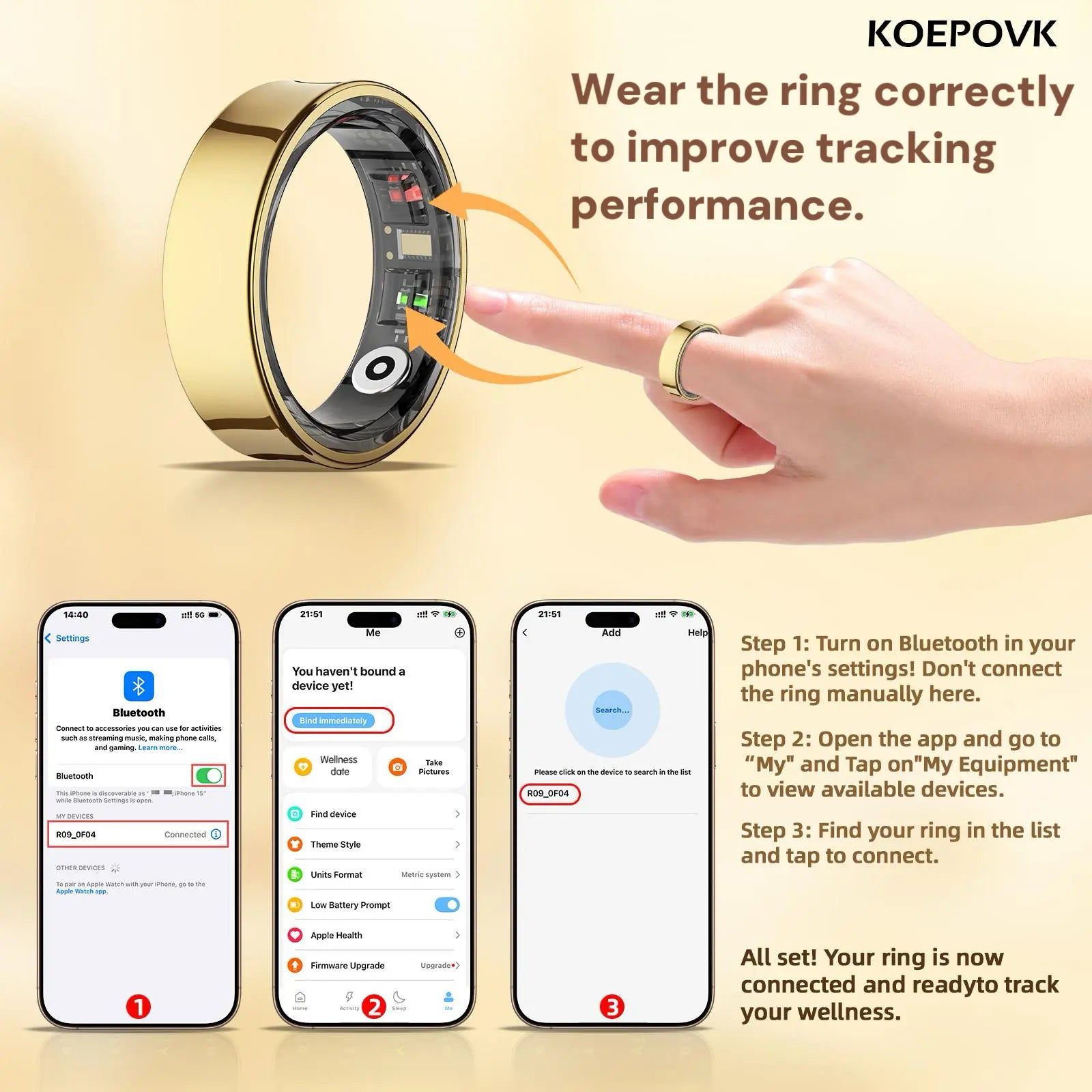 Titanium Smart Ring IP68 Fitness Tracker with Sleep Tracking, Activity Tracking, Stress Trends, Sport Modes, No Subscription Required, 3-5 Days Battery Life, Ios & Android Compatible