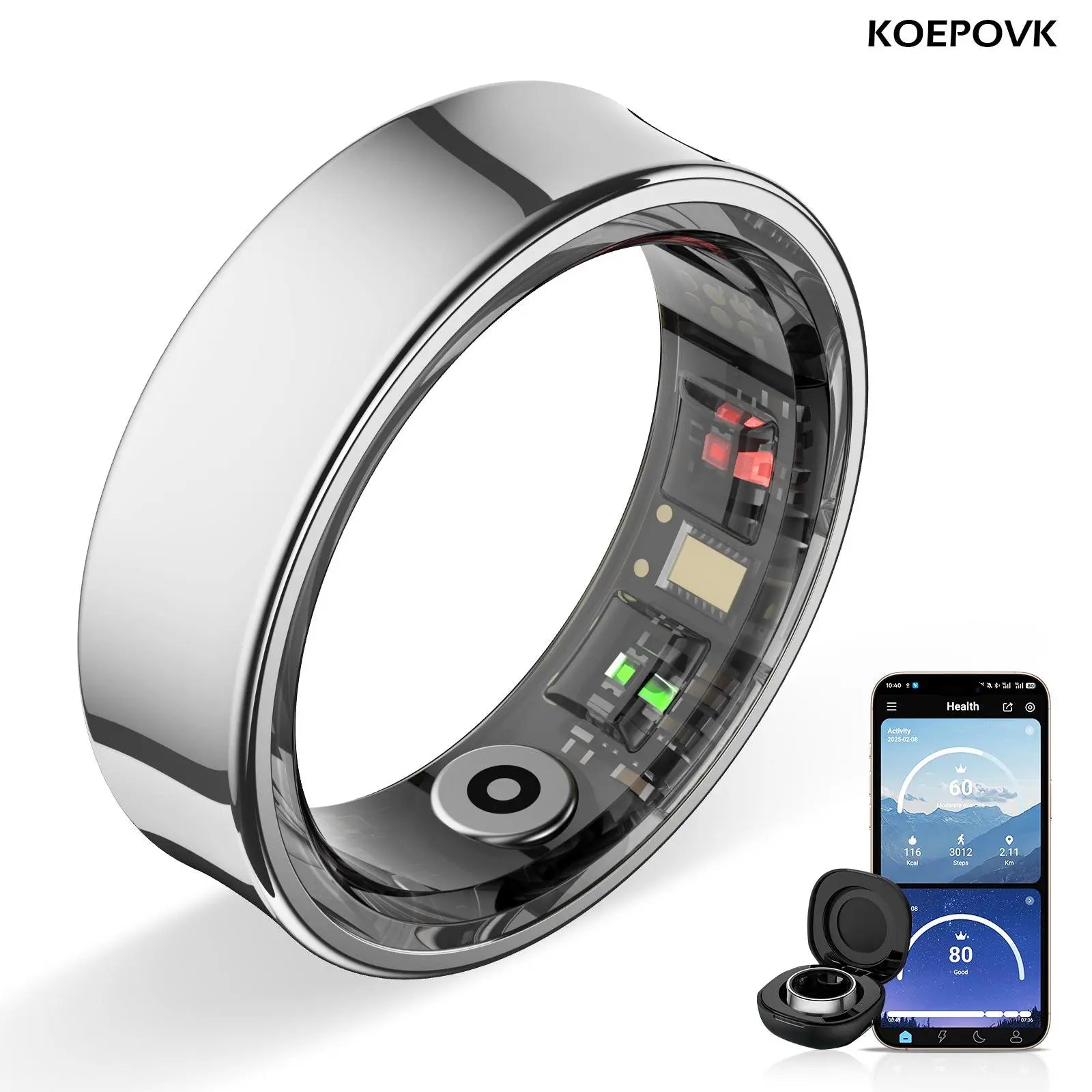 Titanium Smart Ring IP68 Fitness Tracker with Sleep Tracking, Activity Tracking, Stress Trends, Sport Modes, No Subscription Required, 3-5 Days Battery Life, Ios & Android Compatible