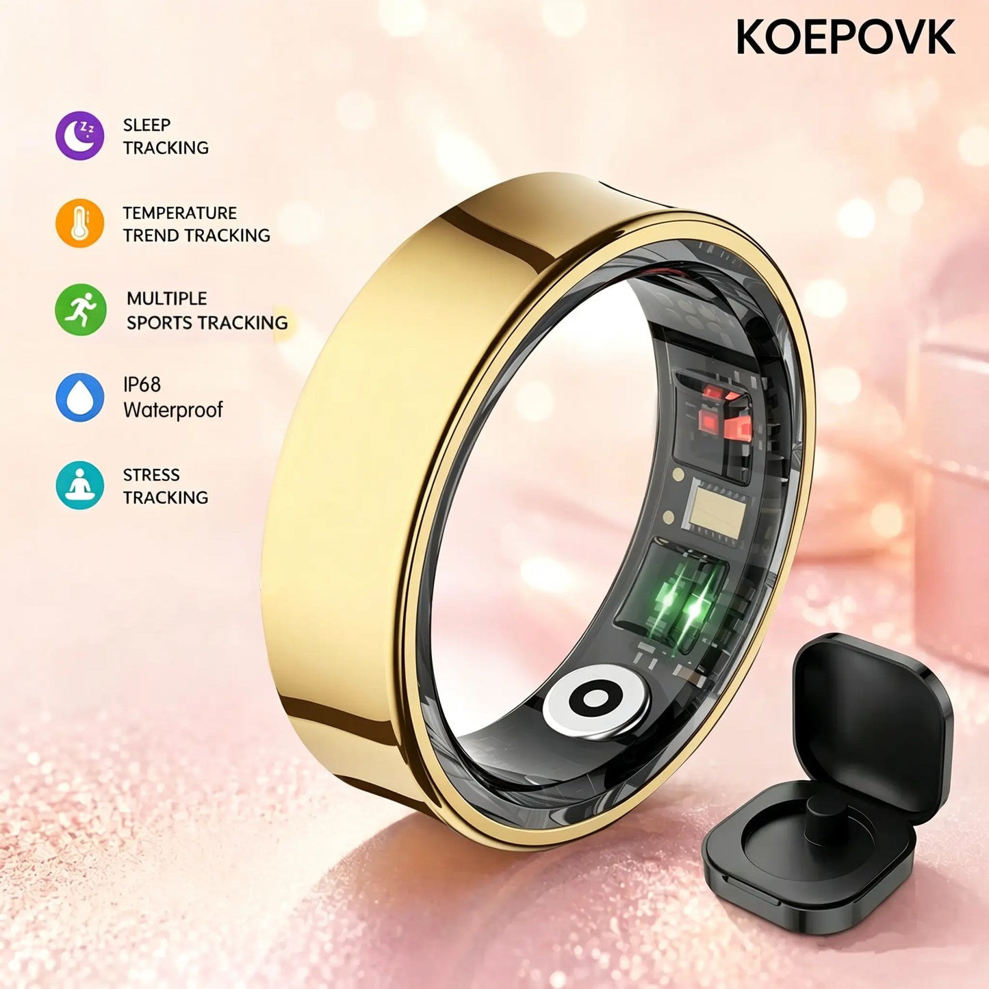 Titanium Smart Ring IP68 Fitness Tracker with Sleep Tracking, Activity Tracking, Stress Trends, Sport Modes, No Subscription Required, 3-5 Days Battery Life, Ios & Android Compatible