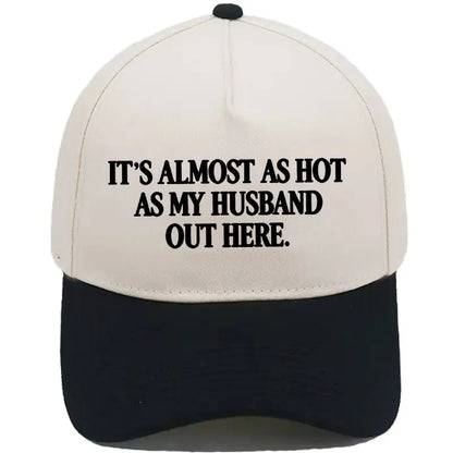 Almost as Hot as My Husband" Embroidered Snapback Hat – Funny Retro Two-Tone Baseball Cap for Women