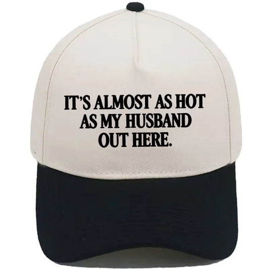Almost as Hot as My Husband" Embroidered Snapback Hat – Funny Retro Two-Tone Baseball Cap for Women