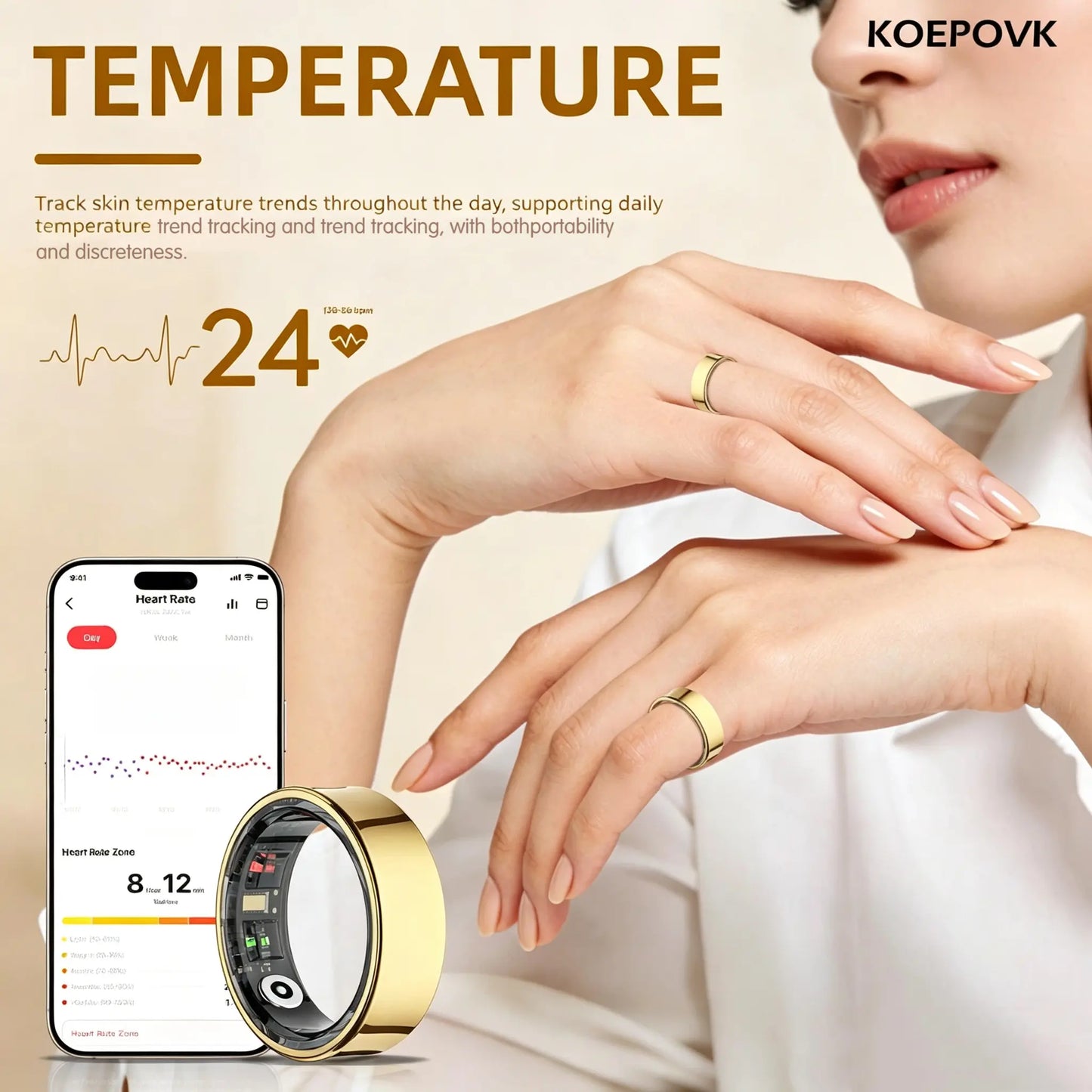Titanium Smart Ring IP68 Fitness Tracker with Sleep Tracking, Activity Tracking, Stress Trends, Sport Modes, No Subscription Required, 3-5 Days Battery Life, Ios & Android Compatible