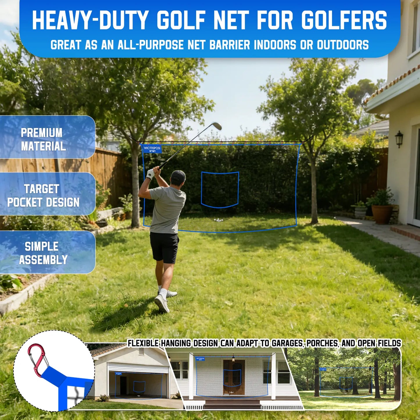 Heavy-Duty Golf Practice Net with Target Pocket for Indoor and Outdoor Use - Multi-Sport Netting Barrier for Driving, Chipping, and Swing Training