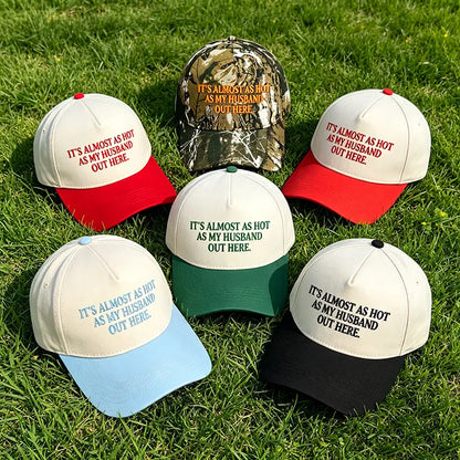 Almost as Hot as My Husband" Embroidered Snapback Hat – Funny Retro Two-Tone Baseball Cap for Women